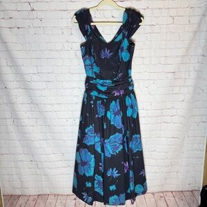 Laura Ashley Black Midi Dress with Teal and Purple Floral Print Vintage Size 10